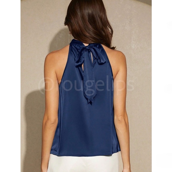 Navy Blue Satin Halter Blouse Top - Picture 3 of 14